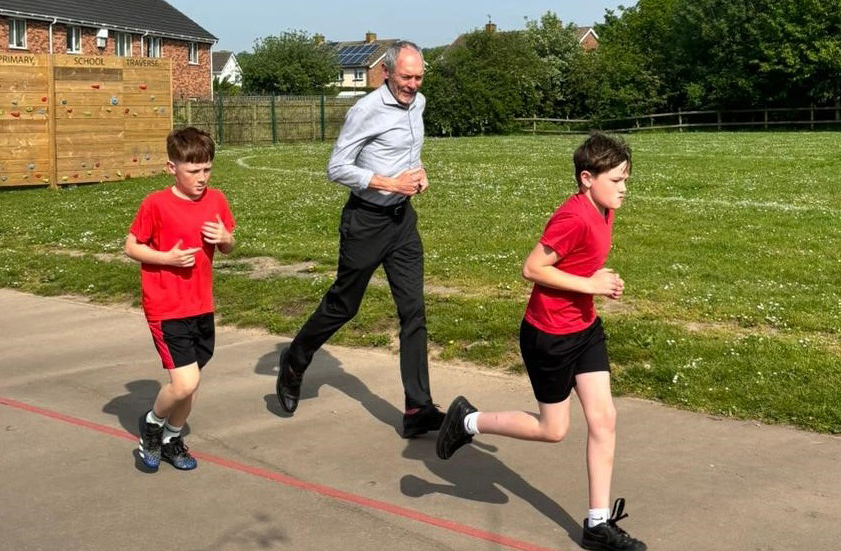 John Griffiths MS running The Daily Mile with Rogiet Primary School